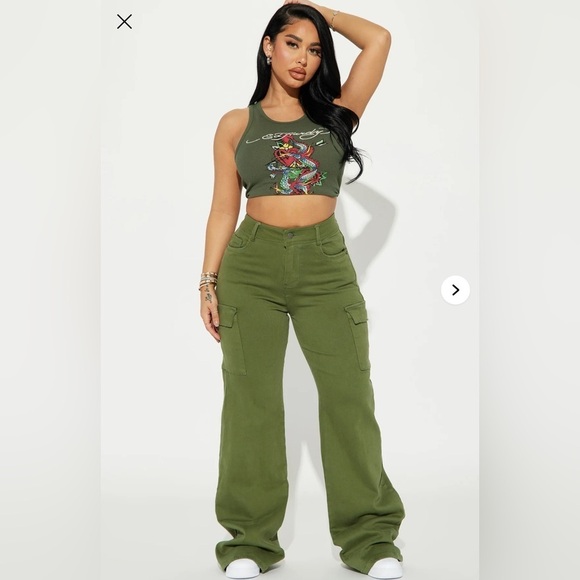 True That 90s Stretch Color Cargo Jeans - Olive - Picture 1 of 4